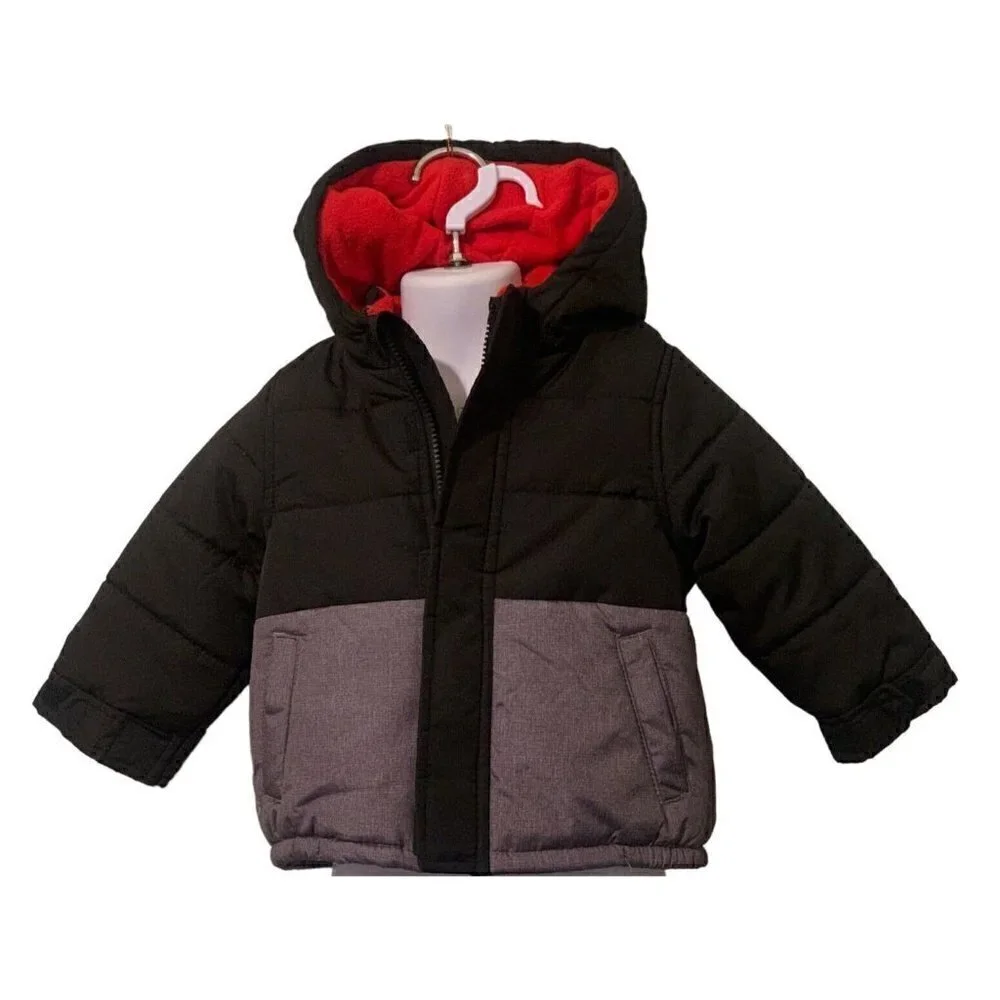 Carter's Classic Unique Full Zip Puffer Jacket Size 18M Gray Black Red Hoodie